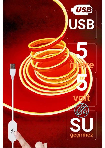 5V USB Neon LED Şerit 5 Metre Turuncu | Silikonlu Su Geçirmez Esnek Aydınlatma fiyatları