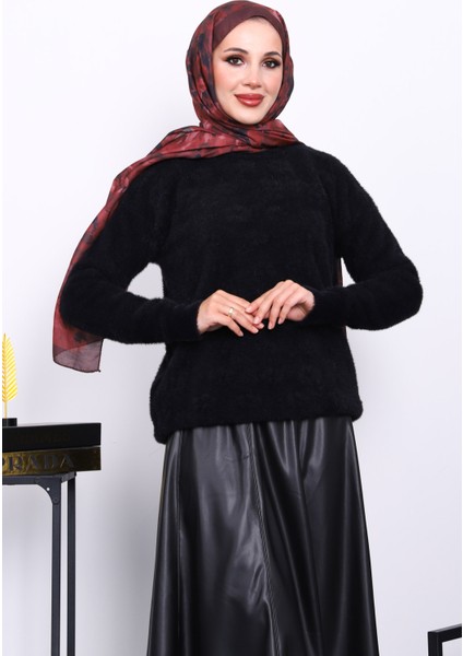 Siyah Bisiklet Yaka Angora Yumoş Triko Kazak modelleri