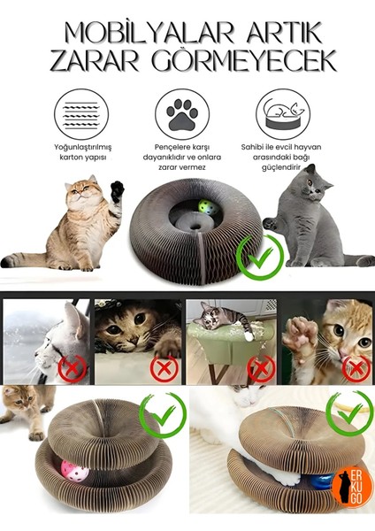 Akordiyon Kedi Tırmalama Oyuncağı, Çıngıraklı Zilli Top ve Kedi Nanesi Hediyeli Tırmalama Panosu
