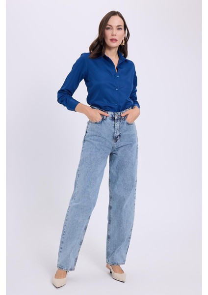 Kadın Regular Fit Klasik Kesim Baggy Pamuklu Geniş Paça Mavi Jean Pantolon fiyatları