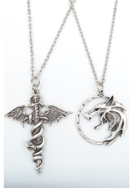 2'li Kılıç Yarasa Yılan - The Witcher Çember Gümüş Kaplama Kolye Seti