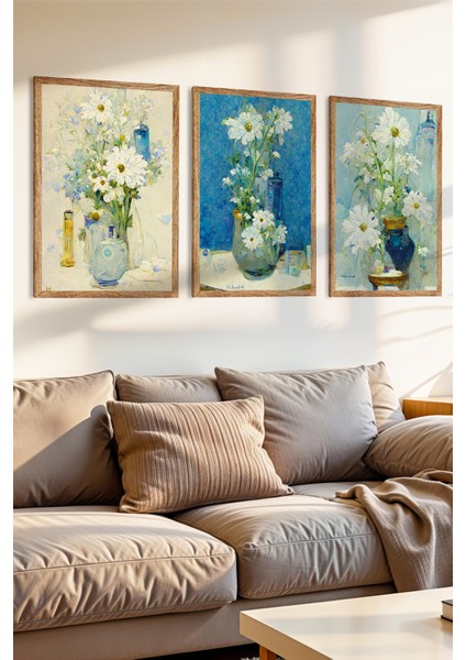 3 Parça Vazoda Çiçekler Temalı Ahşap Çerçeve Görünümlü Mdf Tablo Seti