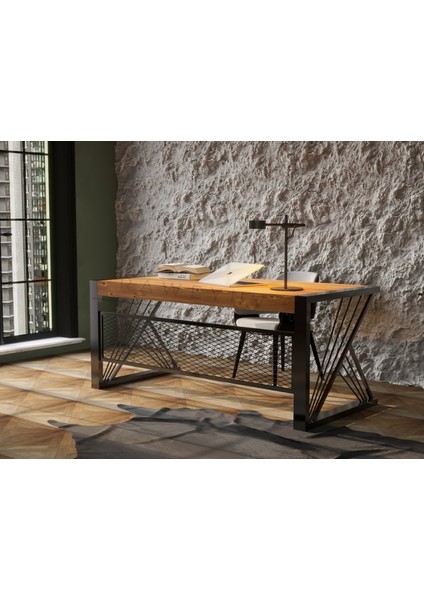 Masif Ahşap Ofis Bilgisayar Masası 180*85*76 Cm-Siyah Metal Ayak- Game Desk