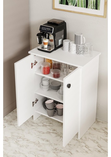 Dorta Mutfak Dolabı 2 Kapaklı 3 Raflı Kahve Köşesi Kiler Dolabı Beyaz