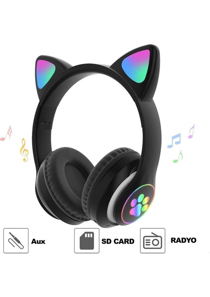 Bluetooth Kablosuz Kulaküstü Kedi Desenli Şık Renkli Sevimli Kulaklık Hafıza Kart ve Aux Girişli fiyatları