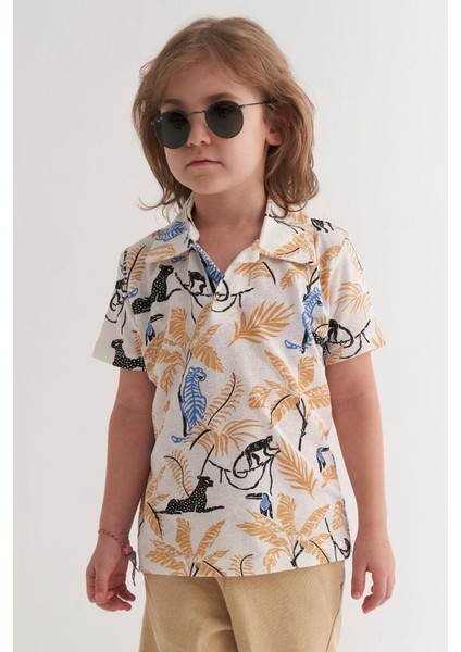 Jack Lions Erkek Çocuk Tişört Orman Temalı Hayvan Desenli 5-14 Yaş, Krem