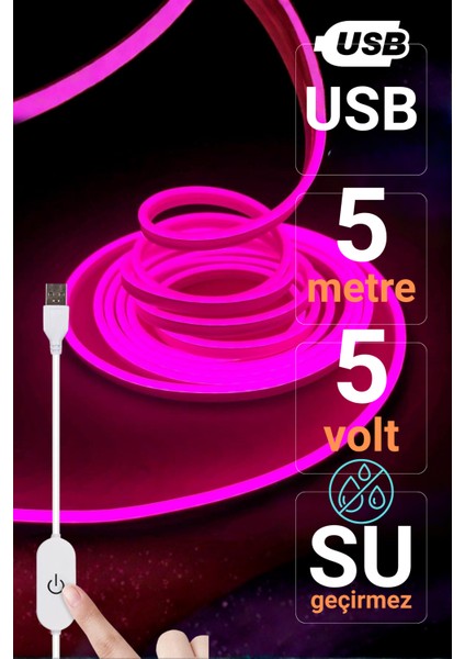 5V USB Neon LED Şerit 5 Metre Pembe | Silikonlu Su Geçirmez Esnek Aydınlatma