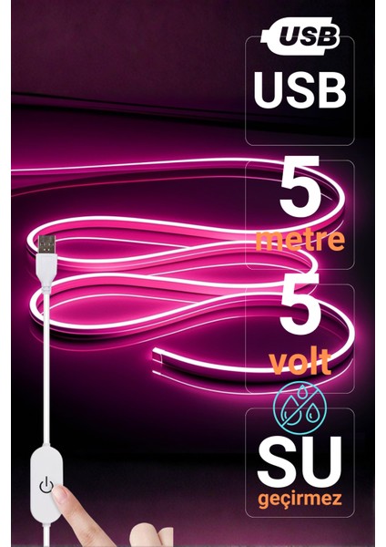 5V USB Neon LED Şerit 5 Metre Pembe | Silikonlu Su Geçirmez Esnek Aydınlatma fırsatları