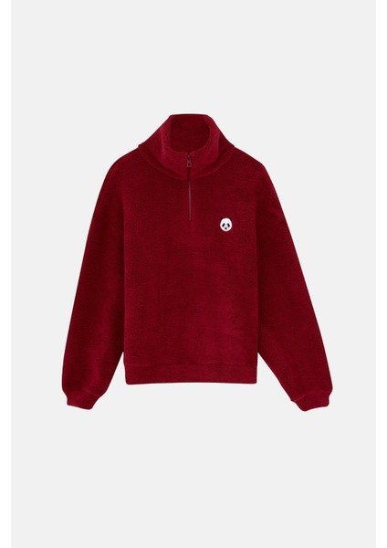 Panda Sherpa Quarter-Zip Sweatshirt - Bordo