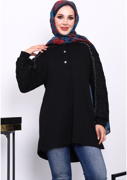 Siyah Taş İşlemeli Düğmeli Tunik
