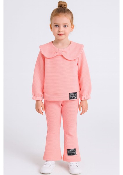 Yaka Fiyonk Detaylı Kız Çocuk Takım Pembe