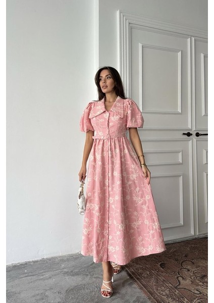 Pembe Bebe Yaka Balon Kollu Elbise
