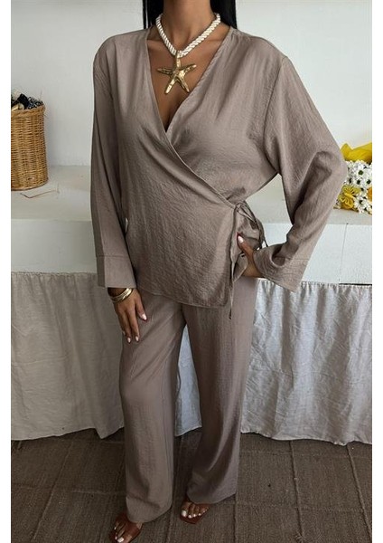 Kruvaze Model Klasik Pantolonlu Çupra Keten Takım 10191