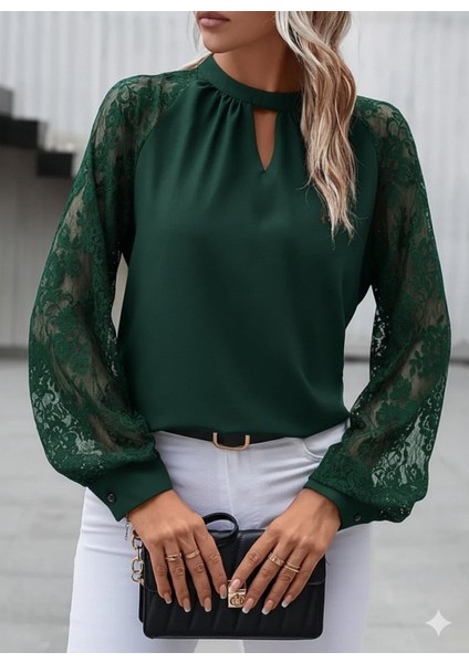 Kadın Uzun Dantel Kollu Yuvarlak Yakalı Sandy Bluz fiyatları