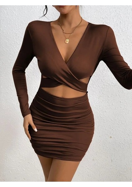 Kadın Uzun Kollu Çapraz Dekolte Detaylı Mini Sandy Elbise modelleri