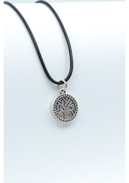 Minimal Yaşam Ağacı Gümüş Kaplama Deri Ip Kolye