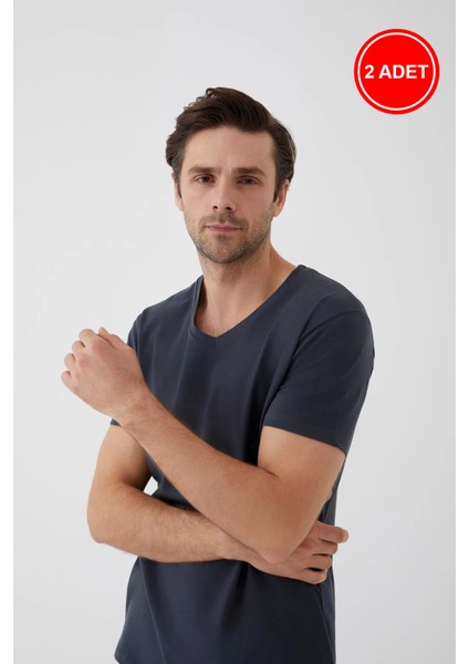 Erkek Pamuklu V Yaka Kısa Kollu Tişört 2 Adet