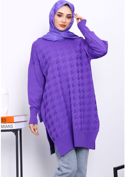 Mor Kazayağı Desenli Soğuk İplik Triko Tunik