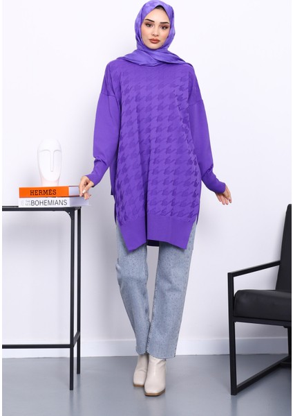 Mor Kazayağı Desenli Soğuk İplik Triko Tunik fiyatları