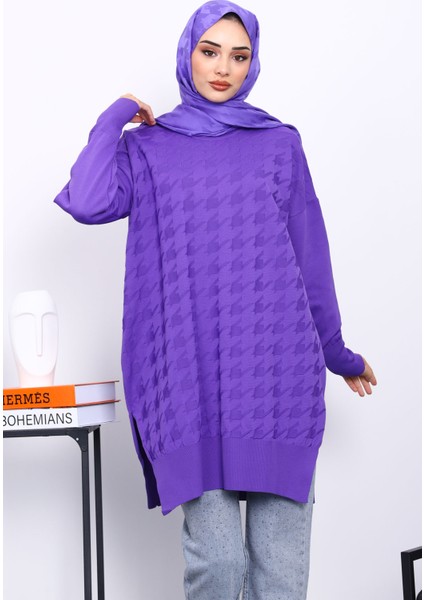 Mor Kazayağı Desenli Soğuk İplik Triko Tunik modelleri