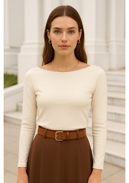 Kadın Bej Kayık Yaka Uzun Kollu Bluz
