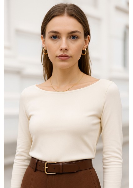 Kadın Bej Kayık Yaka Uzun Kollu Bluz fiyatları