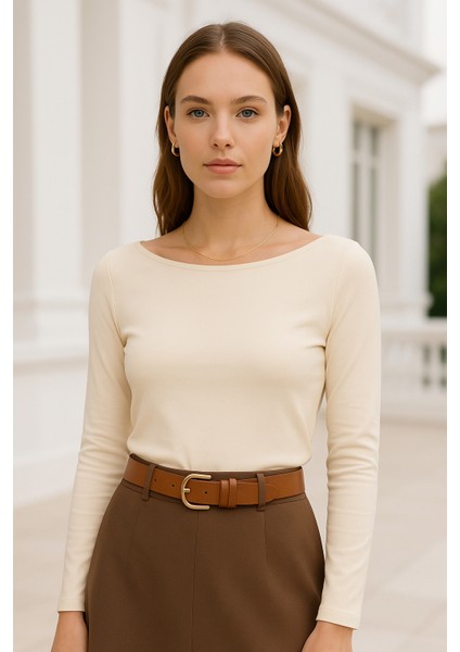 Kadın Bej Kayık Yaka Uzun Kollu Bluz modelleri
