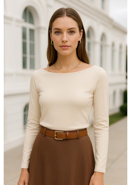 Kadın Bej Kayık Yaka Uzun Kollu Bluz fırsatları