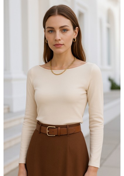 Kadın Bej Kayık Yaka Uzun Kollu Bluz indirimleri