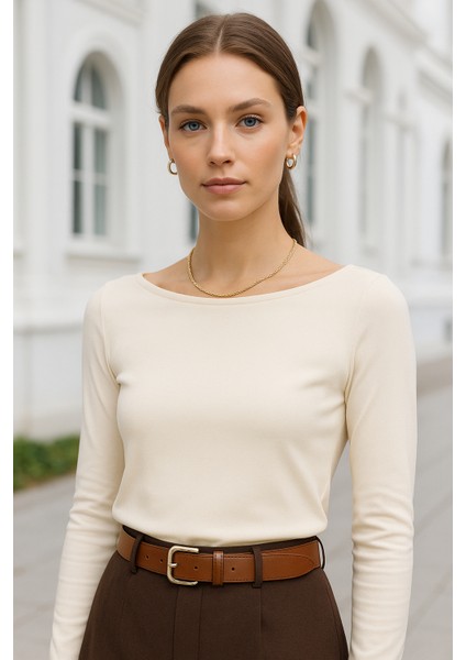 Kadın Bej Kayık Yaka Uzun Kollu Bluz