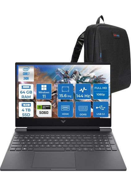Victus Gaming Intel® Core™ 7 240H 64GB Ddr5 4tb SSD RTX5060/8GB 15.6"fhd (1920 x 1080), 144 Hz, Ips, 300 Nits WIN11PRO Gaming Bilgisayar WC03P7EAF25+ZETTAÇANTA