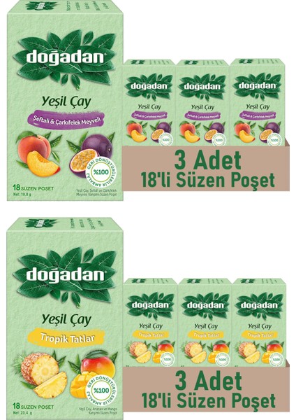 Tropik Tatlar ve Şeftali & Çarkıfelek Meyveli Poşet Yeşil Çay 18'li x 6 Adet