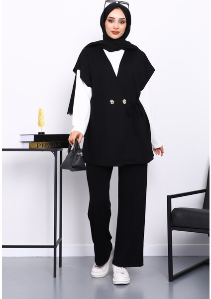 Siyah Yelekli Tunik Pantolon Üçlü Takım