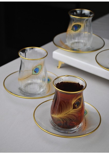 12 Parça 6 Kişilik Lüx Cam Çay Seti Gold Detaylı Altın Renk Işlemeli Lüks Çay Takımı modelleri