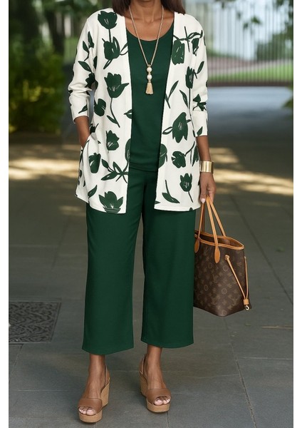 Kadın Uzun Kollu Önü Açık Modal Ceket Kolsuz Viskon Iki Iplik Bluz ve Pantolon Üçlü Takım