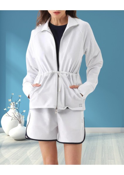 xint Kadın Oversize Fermuar Kapamalı ve Beli Bağcıklı Cepli Örme Pamuklu Dik Yaka Sweat Ceket