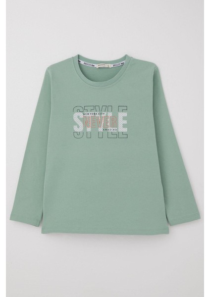 Erkek Çocuk Uzun Kollu Tişört Yazı Baskılı 6-12 Yaş, Su Yeşili