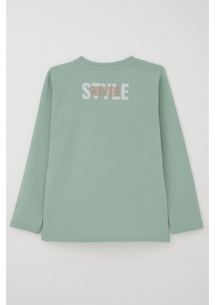 Erkek Çocuk Uzun Kollu Tişört Yazı Baskılı 6-12 Yaş, Su Yeşili fiyatları