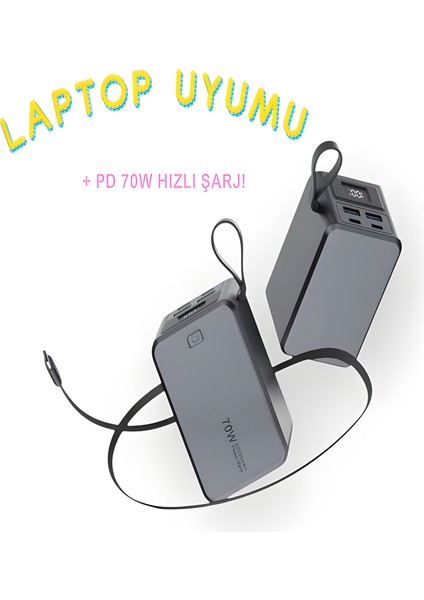 20000MAH 70W Hızlı Şarj Powerbank | LCD Ekran | 2x USB + 2x Type-C | Type-C Kablolu Çıkışlı