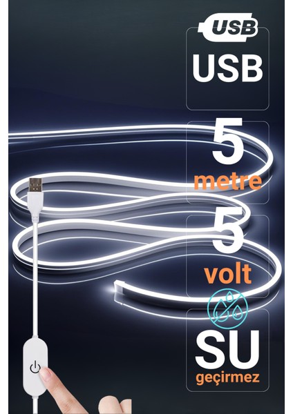 5V USB Neon LED Şerit 5 Metre Beyaz | Silikonlu Su Geçirmez Esnek Aydınlatma modelleri