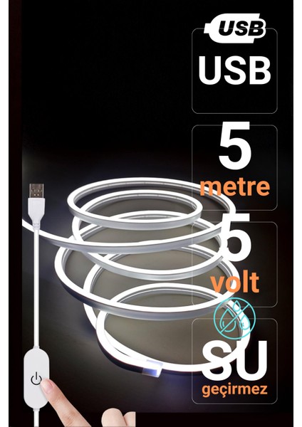 5V USB Neon LED Şerit 5 Metre Beyaz | Silikonlu Su Geçirmez Esnek Aydınlatma fırsatları
