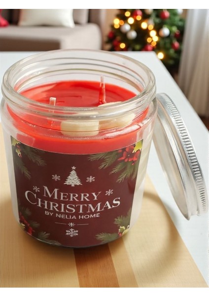 % 100 Doğal Soya Wax Merry Christmas Kokulu Mum -Büyük Boy 210 ml - Kırmızı Güllerle ve Özel Hediye Kutusunda