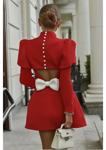 Kadın Uzun Kollu Yarı Balıkçı Yaka Arkadan Kurdela Detaylı Mini Atlas Elbise