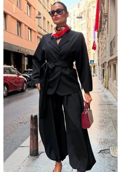 Kadın Kemer Detaylı Blazer Ceket Şalvar Pantolon Şık Takım fiyatları