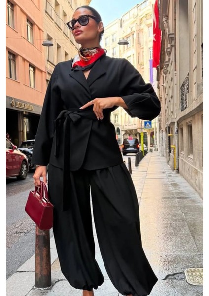 Kadın Kemer Detaylı Blazer Ceket Şalvar Pantolon Şık Takım fırsatları