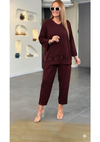 Kadın Uzun Kollu V Yakalı Pulpayet Viskon Iki Iplik Bluz ve Pantolon Takım
