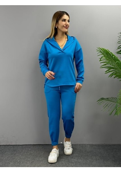 Kadın Uzun Kol V Yaka Kapüşon Detay Sweat ve Yüksel Bel Eşofman Ikili Takım