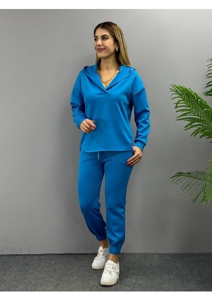 Kadın Uzun Kol V Yaka Kapüşon Detay Sweat ve Yüksel Bel Eşofman Ikili Takım