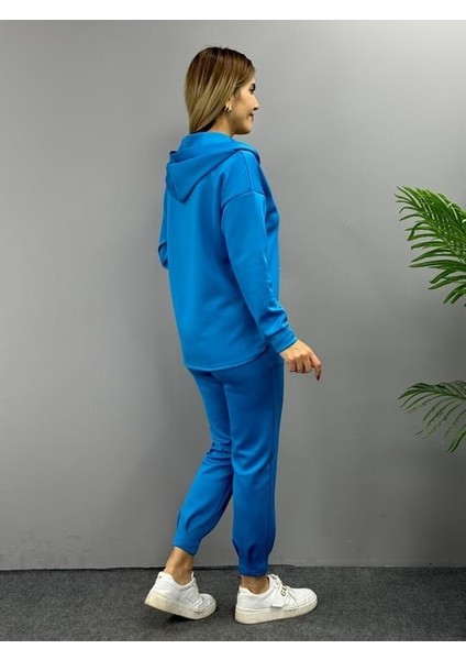 Kadın Uzun Kol V Yaka Kapüşon Detay Sweat ve Yüksel Bel Eşofman Ikili Takım