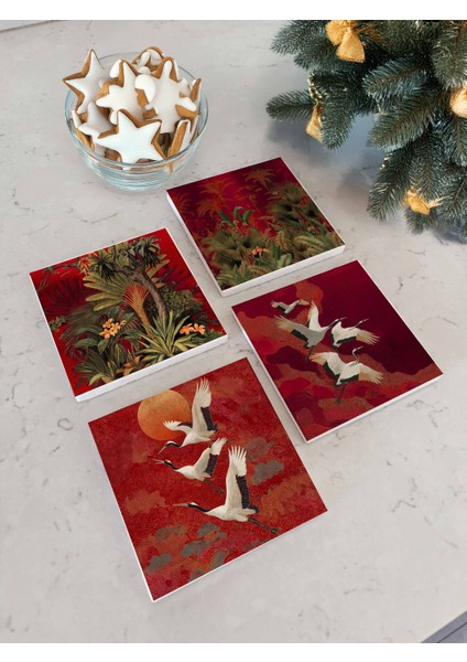 Kırmızı Turna Kuşu ve Tropikal Desenli Doğal Taş Bardak Altlığı, Lüks Ev Dekoru, Yılbaşı Hediyesi, 4’lü